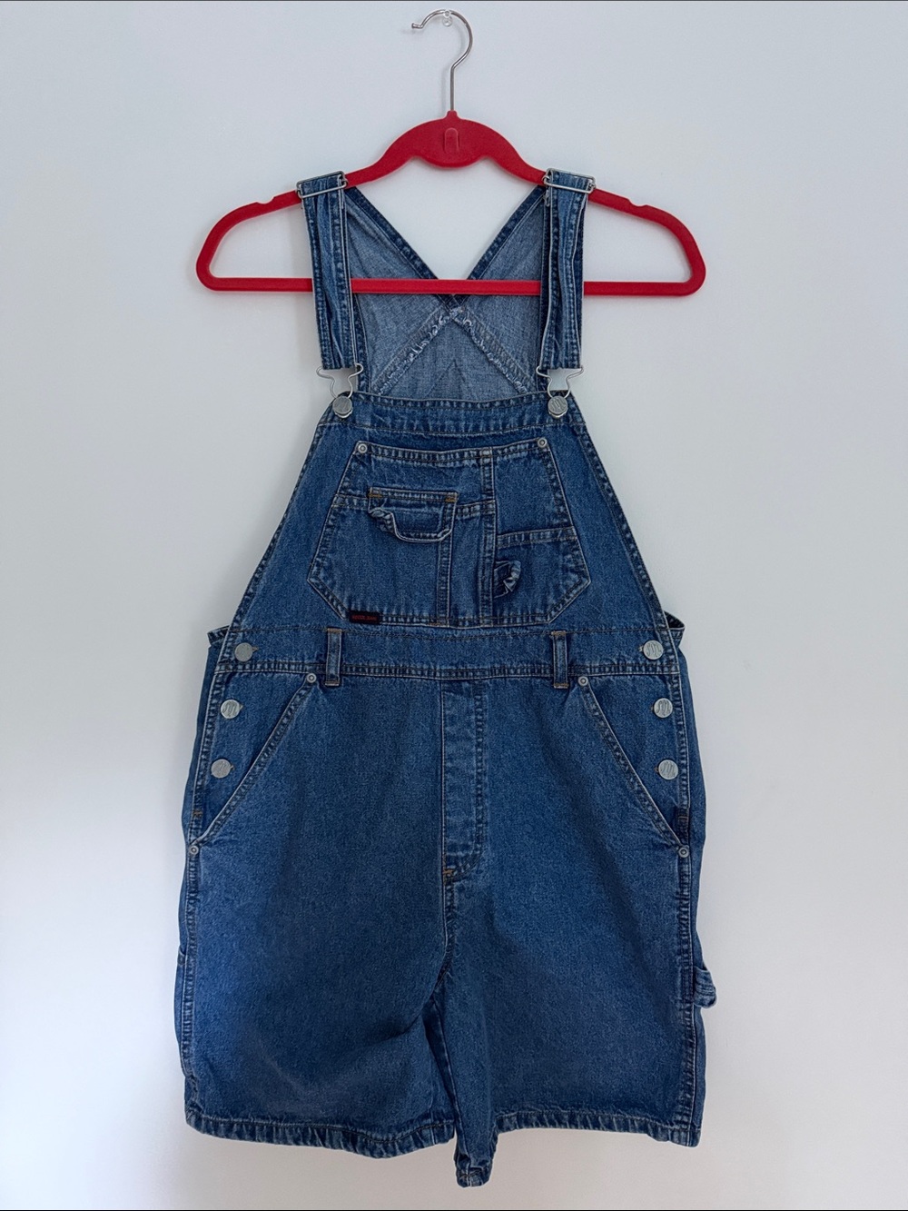 Squeeze Denim Short Overalls in Dark Blue Wash Size M
